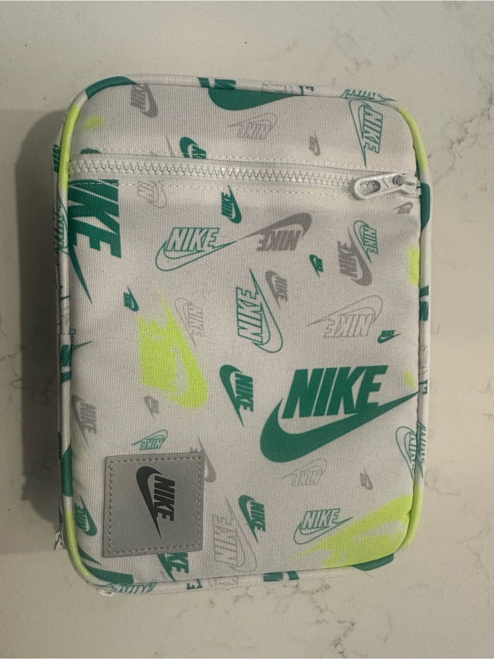 Nike White Lunch Box with Teal & Neon Yellow Graphics
